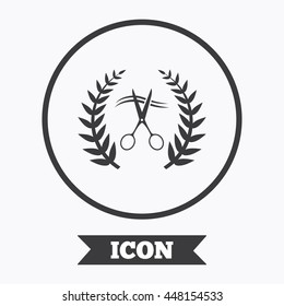 Scissors cut hair sign icon. Hairdresser or barbershop laurel wreath symbol. Winner award. Graphic design element. Flat symbol in circle button. Vector