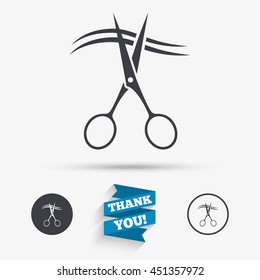 Scissors cut hair sign icon. Hairdresser or barbershop symbol. Flat icons. Buttons with icons. Thank you ribbon. Vector