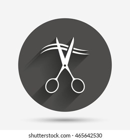 Scissors cut hair sign icon. Hairdresser or barbershop symbol. Circle flat button with shadow. Vector