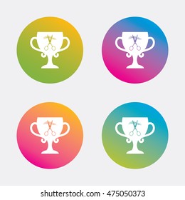 Scissors cut hair sign icon. Hairdresser or barbershop symbol. Winner award cup. Gradient flat buttons with icon. Modern design. Vector