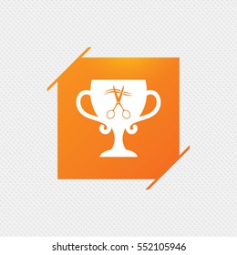 Scissors cut hair sign icon. Hairdresser or barbershop symbol. Winner award cup. Orange square label on pattern. Vector
