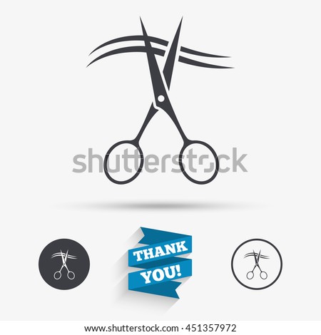 Scissors cut hair sign icon. Hairdresser or barbershop symbol. Flat icons. Buttons with icons. Thank you ribbon. Vector