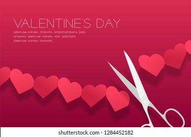 Scissors cut Heart paper chain, Valentine's day concept layout poster template design illustration isolated on pink gradients background with copy space