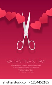 Scissors cut Heart paper chain, Valentine's day concept layout poster template design illustration isolated on pink gradients background with copy space