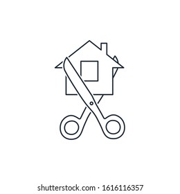 Scissors cut the house. Property division. Vector linear icon isolated on white background.