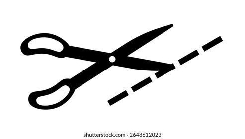 Scissors cut icon. Silhouette of scissors cutting dotted line. Stationery, school or office equipment. Tool for paperwork. Graphic element for website. Flat vector illustration