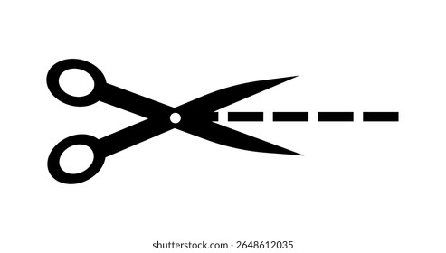 Scissors cut icon. Stainless silhouette of scissors cutting dotted line. Navigation for website. Sticker for papers and product packaging. Trim and cutoff. Flat vector illustration