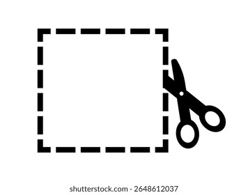 Scissors cut icon. Stainless silhouette of scissors cutting dotted square. Place for photography or pics. Cutoff paper. Template and layout. Flat vector illustration