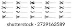Scissors cut line icon set, open and closed scissor positions with dashed cutting paths, coupon border sign icons, line cutting