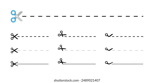 Scissors cut line icon set. Cut here symbol with dashed and dotted line variations. Paper incision site vector illustration. Separation sign. Dividing pictogram. Tailor scissors concept isolated.