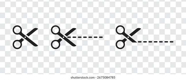 Tesoura com conjunto de ícone de linha de corte, costura e símbolos de alfaiate, fundo transparente design vetorial