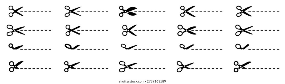 Scissors cut line icon set, open and closed scissor positions with dashed cutting paths, coupon border sign icons, line cutting