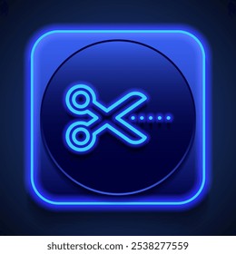 Scissors with cut line logo simple icon vector. Flat design. Blue neon style on button. With shadow.ai