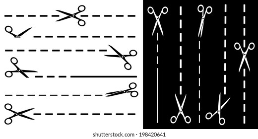 scissors and cut line set on wite and black background
