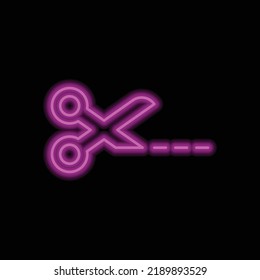 Scissors and cut line simple icon vector. Flat design. Purple neon on black background.ai