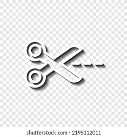 Scissors with cut line simple icon vector. Flat design. White with shadow on transparent grid