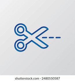 Tijeras con línea de corte simple Vector de iconos. Diseño plano. Diseño de corte de papel. Símbolo azul cortado con sombra. Fondo gris.ai