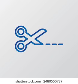 Scissors and cut line simple icon vector. Flat design. Paper cut design. Cutted blue symbol with shadow. Gray background.ai