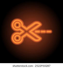Scissors with cut line simple icon vector. Flat design. Orange neon on black background.ai