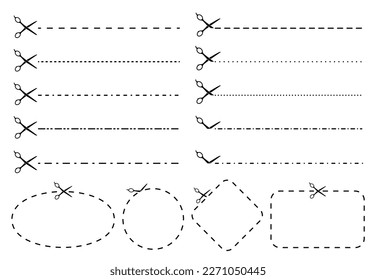 Scissors cut line. Voucher or coupon cutout dashed lines with scissor icon and frames for cutting vector set. Geometric shapes as ellipse, circle, rhombus and rectangle for education