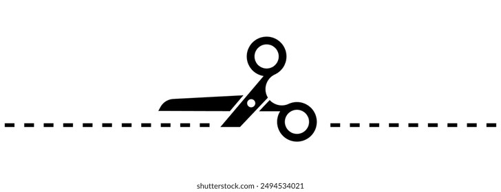 Scissors with cut lines black symbol. Scissor cutting trim icon. Isolated cut line seamless pattern on white background. Vector illustration.