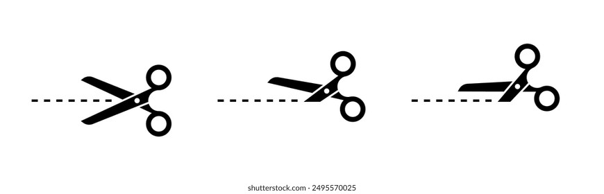 Scissors cut lines black symbols set. Isolated scissor cutting paper with dotted line icons on white background. Coupon sales signs, packaging label concept. Vector illustration.