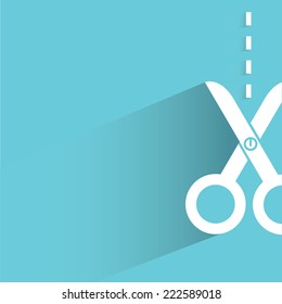 scissors with cut lines in blue background, flat and shadow design