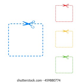 Scissors with cut lines. Colorful set of icon - blue, red, yellow, green.