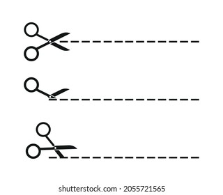 Tijeras con líneas de corte. Icono de corte de tijeras con línea punteada. Icono de corte de papel. Recorte de cupones. Ilustración vectorial.