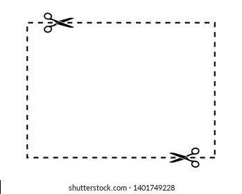 Las tijeras cortan líneas. Tijeras cortando línea cuadrada. Cortar forma rectangular de borde de cupón. Juego de tijeras de cupón