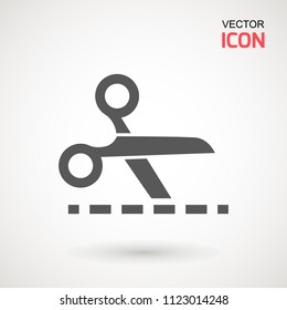 Scissors with cut lines icon. Cutting scissors icon. Vector illustration. Isolated on white background. Web design element