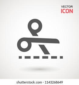 Scissors with cut lines icon. Cutting scissors icon. Vector illustration. Isolated on white background. Web design element