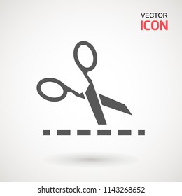 Scissors with cut lines icon. Cutting scissors icon. Vector illustration. Isolated on white background. Web design element