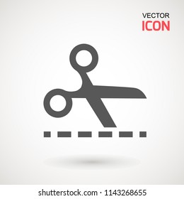 Scissors with cut lines icon. Cutting scissors icon. Vector illustration. Isolated on white background. Web design element