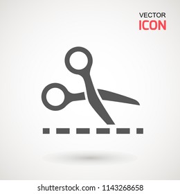 Scissors with cut lines icon. Cutting scissors icon. Vector illustration. Isolated on white background. Web design element