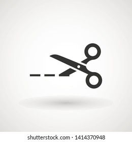 Scissors with cut lines icon. Cutting scissors icon. Vector illustration. Isolated on white background. Web design element.