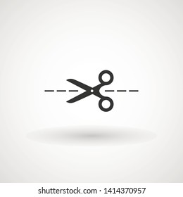 Scissors with cut lines icon. Cutting scissors icon. Vector illustration. Isolated on white background. Web design element.