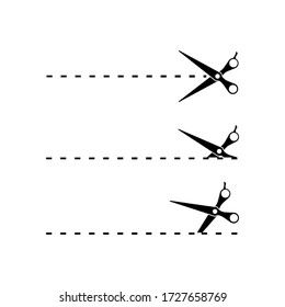 Icono de tijeras y líneas de corte en fondo blanco aislado. Vector EPS 10.