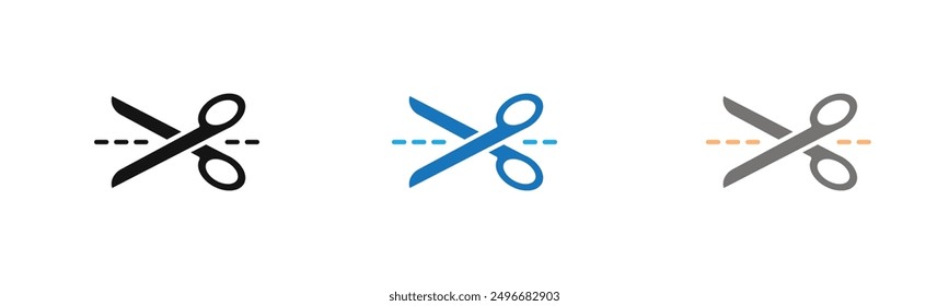 Scissors with cut lines icon outline collection or set in black and white