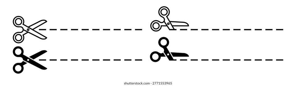 Scissors with cut lines icon set. Scissors cutting signs. Vector illustration
