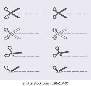 Tesoura com linhas de corte conjunto de ícones. Ilustração vetorial