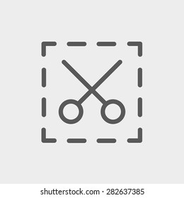 Scissors with cut lines icon thin line for web and mobile, modern minimalistic flat design. Vector dark grey icon on light grey background.