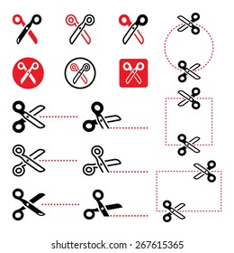 Scissors with cut lines icons set  
 
