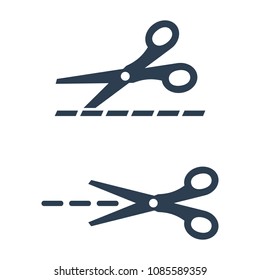 Scissors with cut lines isolated on white background. Vector illustration