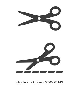 Scissors with cut lines isolated on white background. Vector illustration