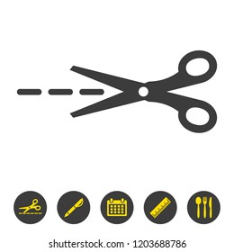 Scissors with cut lines isolated on white background. Vector illustration