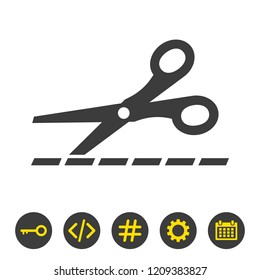 Scissors with cut lines isolated on white background. Vector illustration
