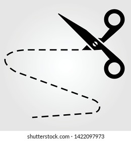 Scissors with cut lines isolated on white background. Vector illustration. 