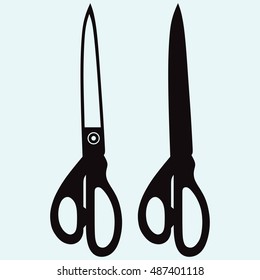 Scissors with cut lines. Isolated on blue background. Vector silhouettes