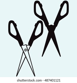 Scissors with cut lines. Isolated on blue background. Vector silhouettes